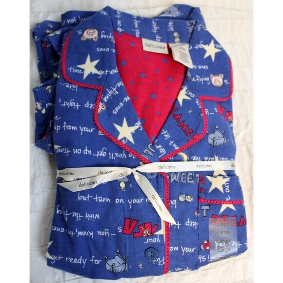 Delicates Blue Flannel Pajama Set sz L Dreams Star Moon Sleep Shirt Pants PJ - Picture 2 of 7